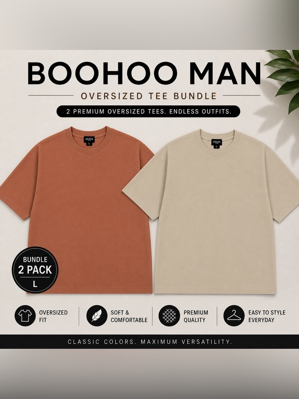 BoohooMAN 2-Pack Oversized Tees L Neutral Streetwear Bundle